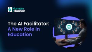 Person interacting with a large monitor displaying a network of participants connected through the Human2Human AI Facilitator platform.