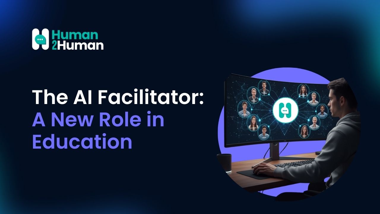 Person interacting with a large monitor displaying a network of participants connected through the Human2Human AI Facilitator platform.