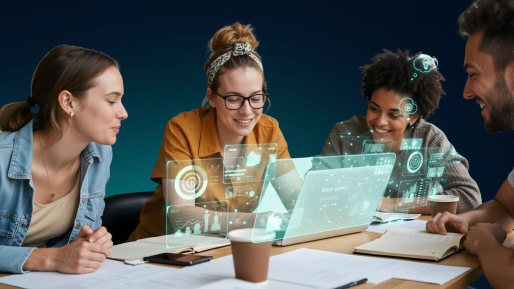 Students collaborating around a laptop enhanced with AI-generated data visualizations during a group learning activity.