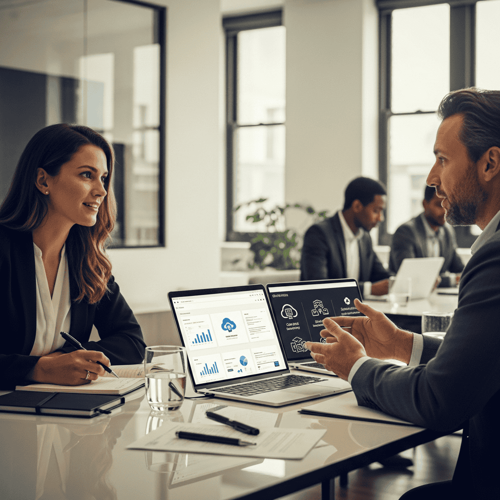 Business professionals discussing data analytics and cloud platform insights displayed on laptops during a meeting.