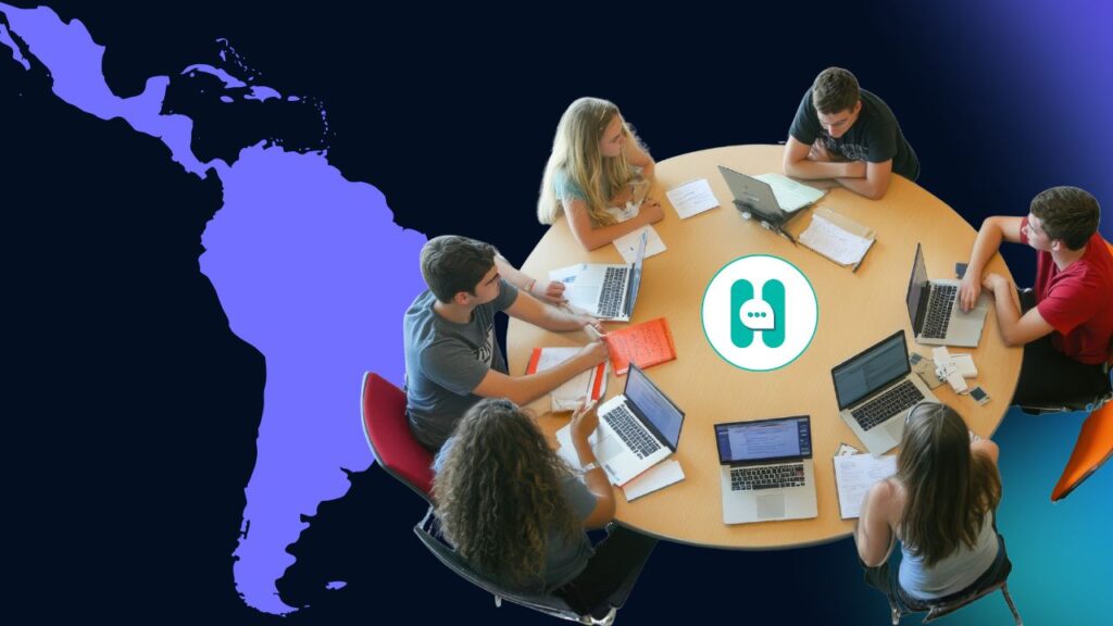A group of students sitting around a round table with laptops and notebooks, with a stylized map of the Americas in the background.