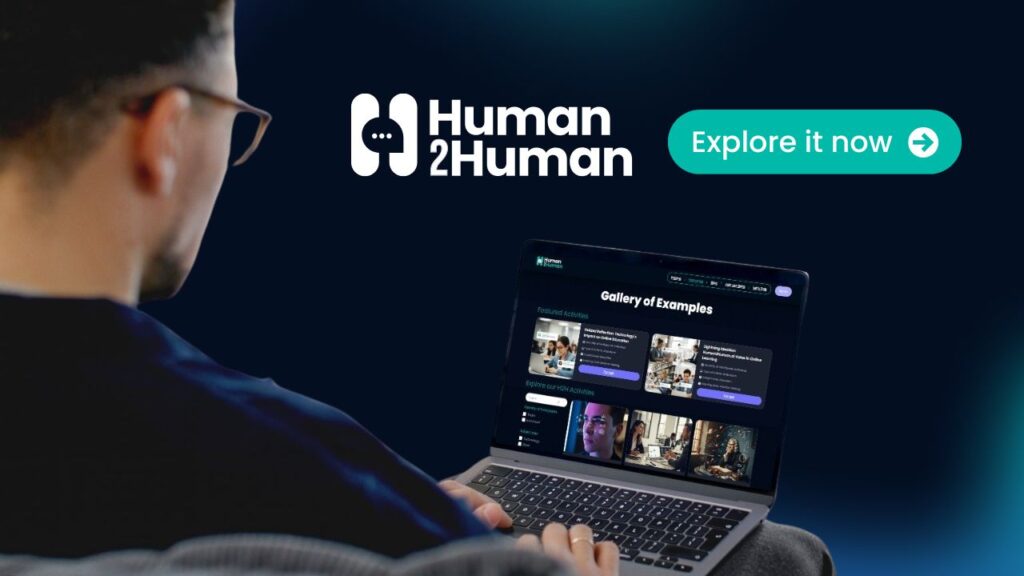 A person using a laptop to view the Human 2 Human platform gallery of examples.