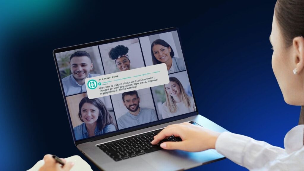 A person uses a laptop to participate in a video conference where an AI facilitator prompt asks how AI can improve engagement in online learning.