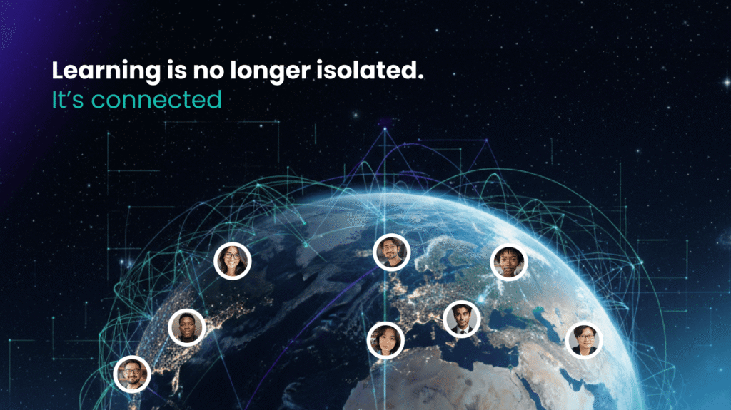 A digital graphic showing a globe with interconnected lines and circular portraits of diverse people, illustrating the concept of global connected learning.