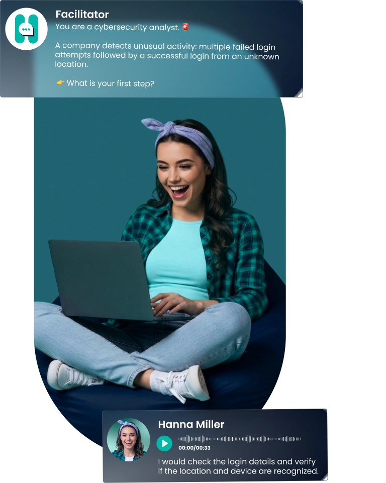 Young woman sitting in a beanbag chair using a laptop for a cybersecurity training exercise prompt.