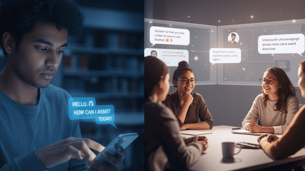 A split-screen image showing a person using a smartphone with an AI chat bubble on the left and a group of people collaborating at a table with digital speech bubbles on the right.