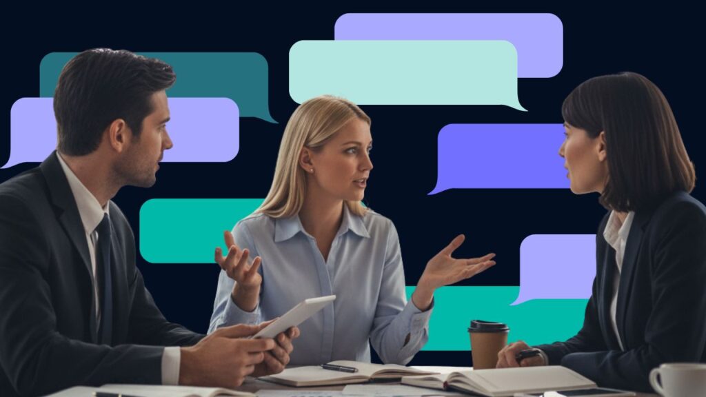 Three business professionals discussing work, surrounded by colorful abstract speech bubbles against a dark background.