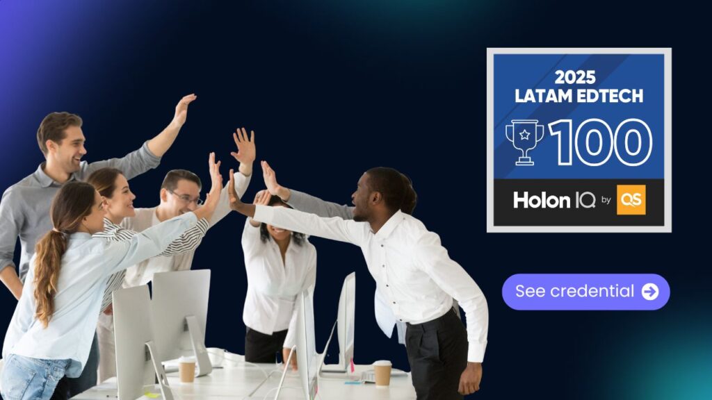 A diverse team of professionals in an office setting high-fiving in celebration next to a 2025 Latam EdTech 100 award badge.