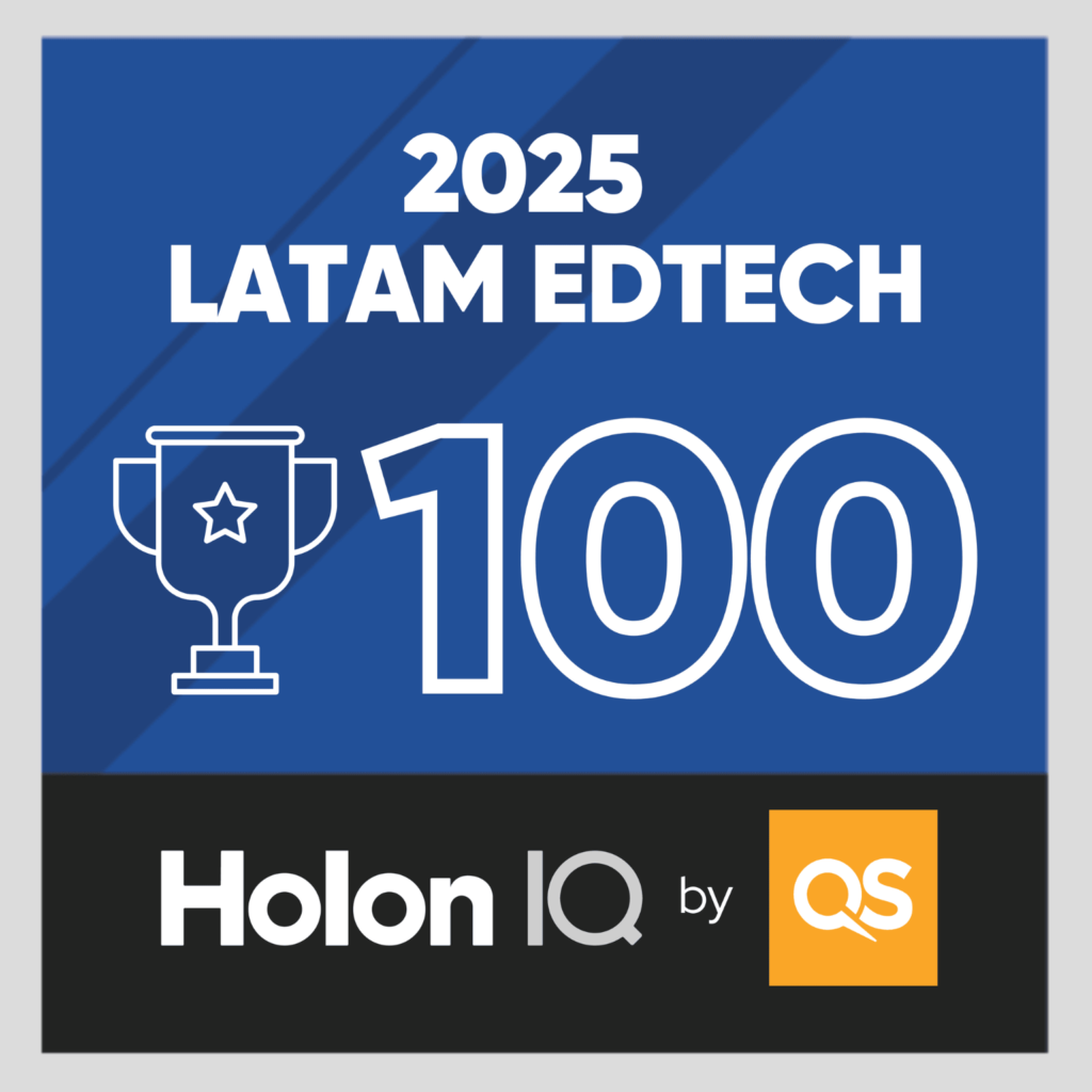 Graphic for the 2025 HolonIQ LATAM EdTech 100 award featuring a trophy icon, the text 100, and the HolonIQ by QS logo.