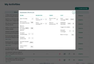 A modal window showing a list of keyboard shortcuts categorized by Global, Navigation, Tables, and Chat functions.