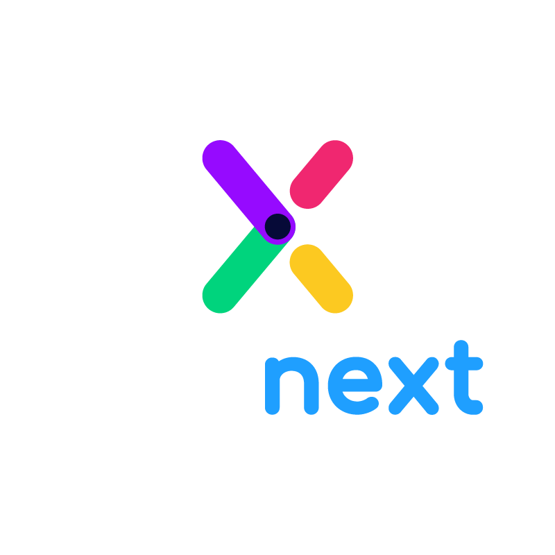 The eduNEXT company logo featuring a stylized X icon made of four colorful rounded bars and the word next in blue lowercase letters.