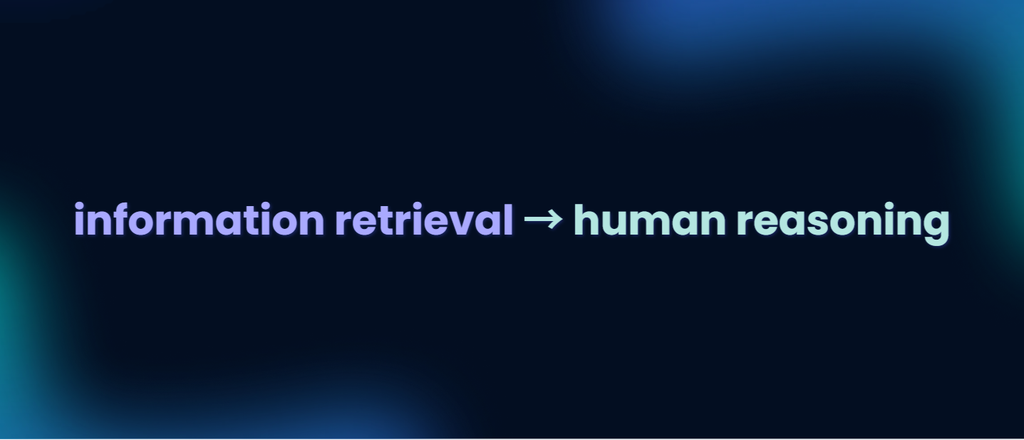 The text 'information retrieval → human reasoning' is displayed in a clean, modern font against a dark blue gradient background.