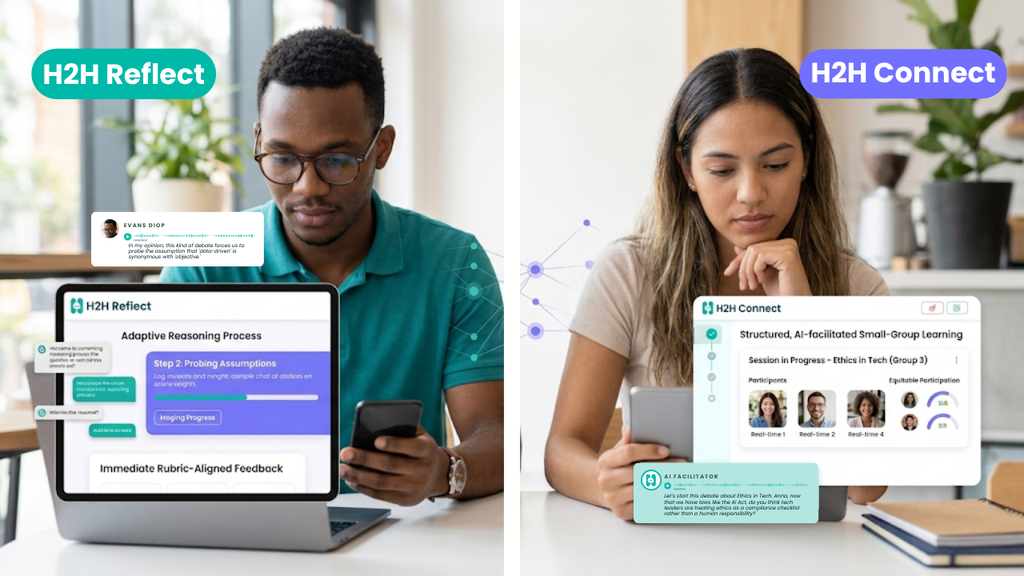Two people using digital devices to engage with the H2H Reflect and H2H Connect platforms for adaptive reasoning and small-group learning.